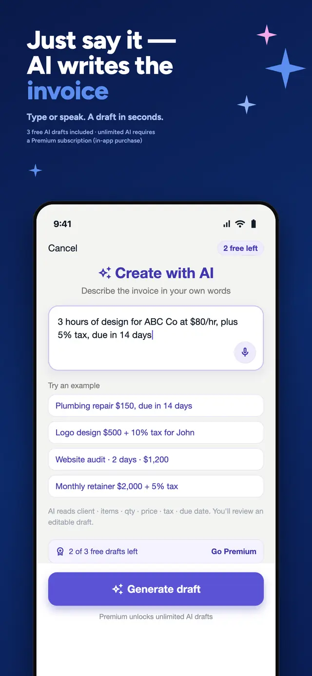 Invoice Maker — Just say it — AI writes the invoice.